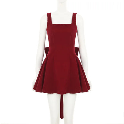 Red Bow Dress A Line Spaghetti Straps Backless