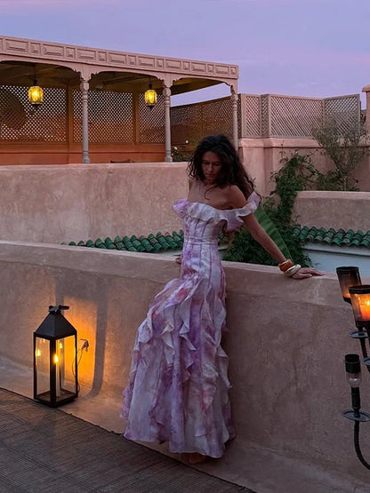 Pleated Off Shoulder Floral Dress