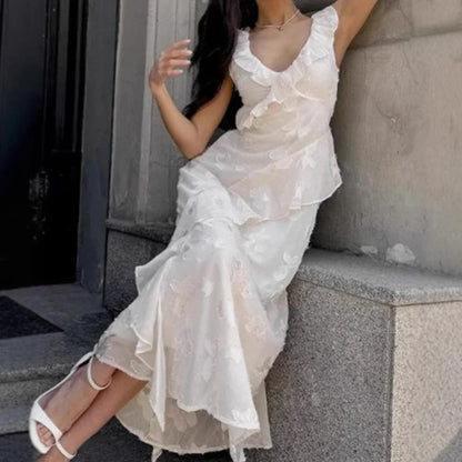 Ruffled V-Neck Mesh Splice Prom Dress
