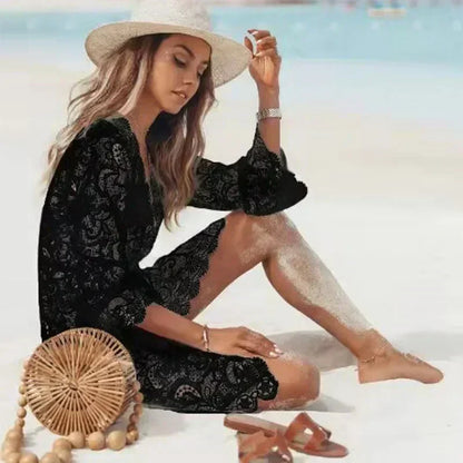 Lace Crochet V-Neck Bell Sleeve Scalloped Hem Hollow Out Beach Mini Dress
