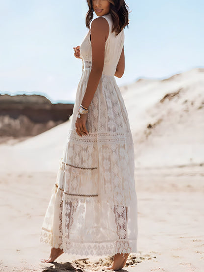 Deep V-Neck Lace Trim Drawstring Tie High Slit Tiered Maxi Dress