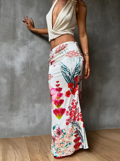 Colorful Print Ruched Peach Skirt