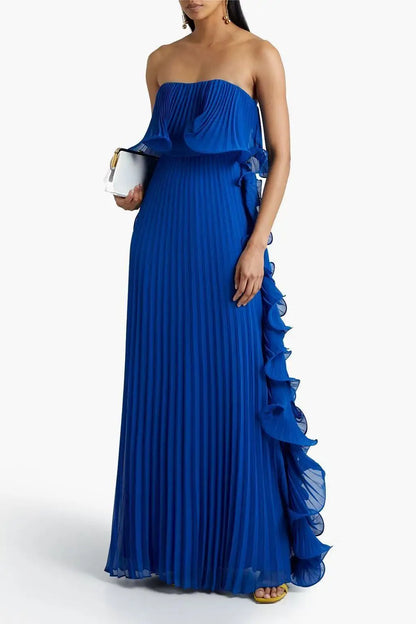 Pleated Chiffon Long Ruffled Strapless Dress
