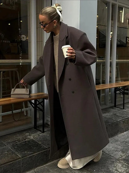 Casual Brown Wool Long Coats for Women Loose Turn Down Collar Double Breasted Female Overcoat Autumn Winter Street Lady Outwear