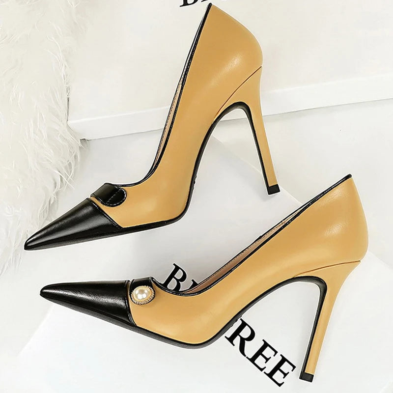 Retro Women Pearl Color Matching High Heels Stilettos Pointed Shoes