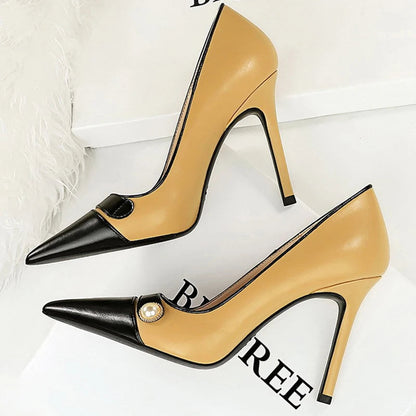 Retro Women Pearl Color Matching High Heels Stilettos Pointed Shoes