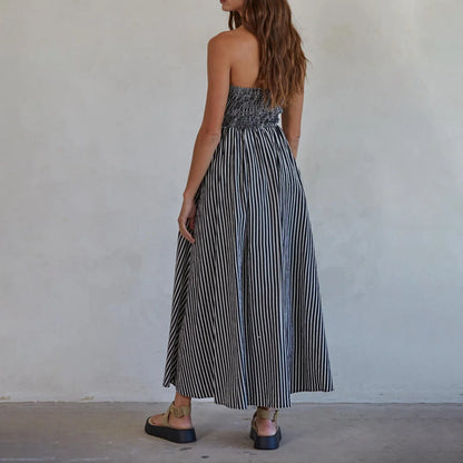 Striped Strapless Flowy Tube Midi Dress