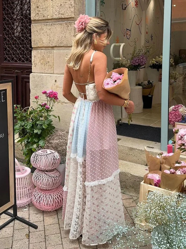 Halter Patchwork Floral Lace Panel Ribbon Tie Tiered Maxi Gown