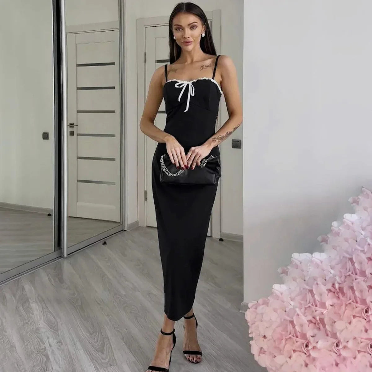 Open Back Lace Patchwork Black Maxi Dress