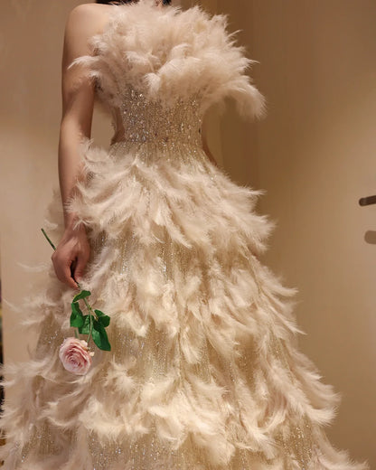 Feathers Princess Ball Gown Cream Evening Dress
