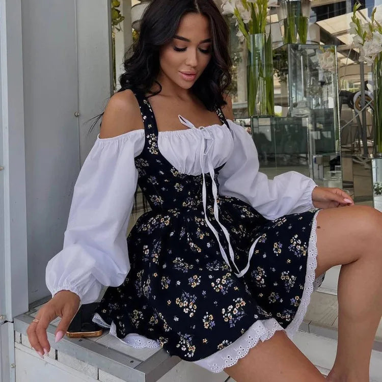 Floral Corset Lace Up Square Neck Eyelet Lace Trim Bubble Hem Mini Dress