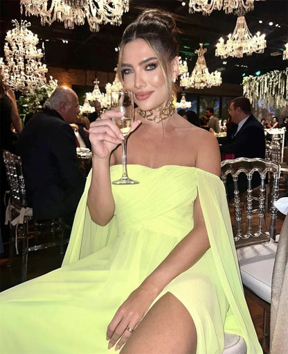 Off Shoulder Shawl Yellow A Line Dress