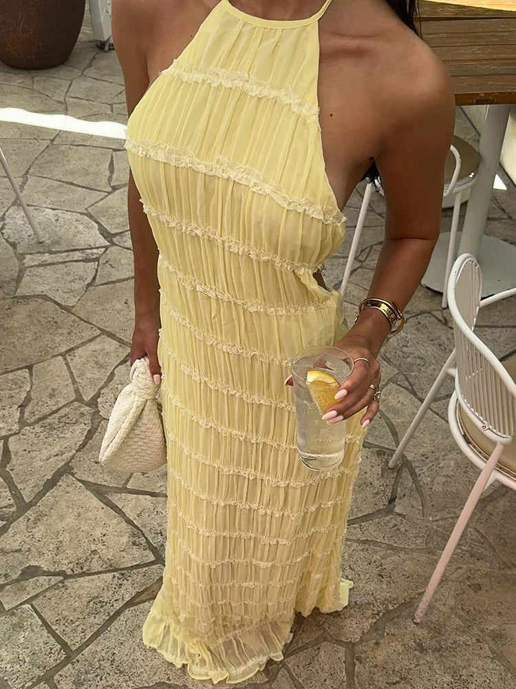 Backless Ruched Halter Ruffle Maxi Dress