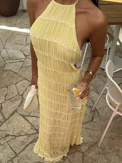 Backless Ruched Halter Ruffle Maxi Dress