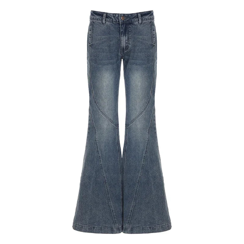 Y2K Low Waisted Washed Flare Jeans Korean Streetwear Blue Slim Fit Denim Pants Fashion Lady Casual Boot Cut Trousers
