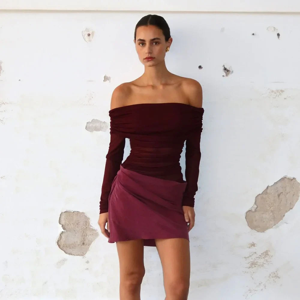 Tulle Satin Off Shoulder Full Sleeves Short Mini Prom Dress