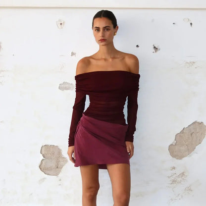 Tulle Satin Off Shoulder Full Sleeves Short Mini Prom Dress