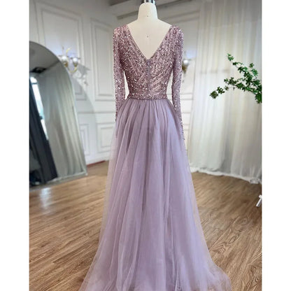 Blue Mermaid Beaded Long Sleeves Evening Gown