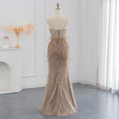 Feathers Spaghetti Straps Side Slit Prom Dress