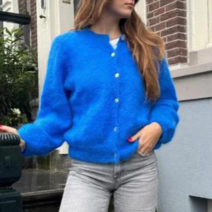 Puffy Open Front Button Knit Cardigan