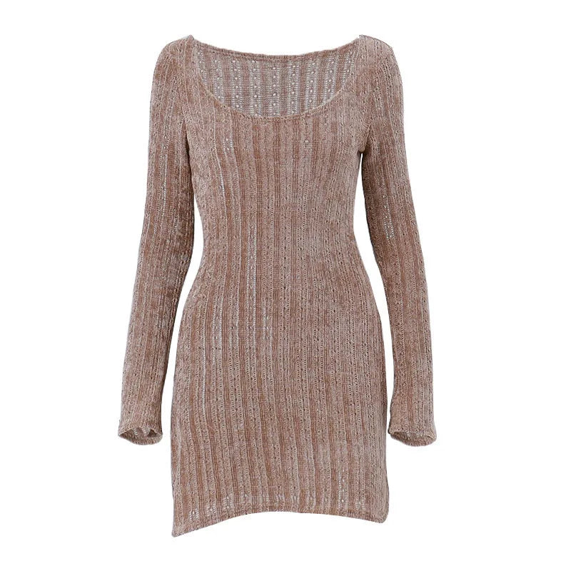 Off-Shoulder Ribbed Knit Bell Sleeve Bodycon Mini Dress
