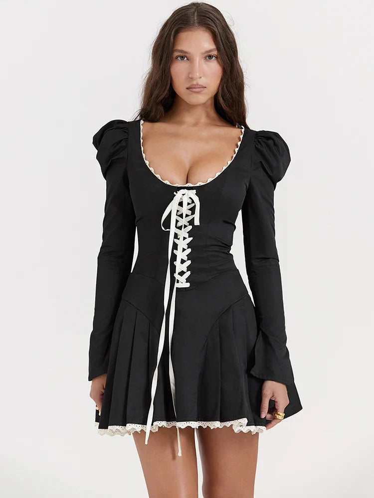 Lace Bandage Puff Sleeve Ruched Bodycon Dress