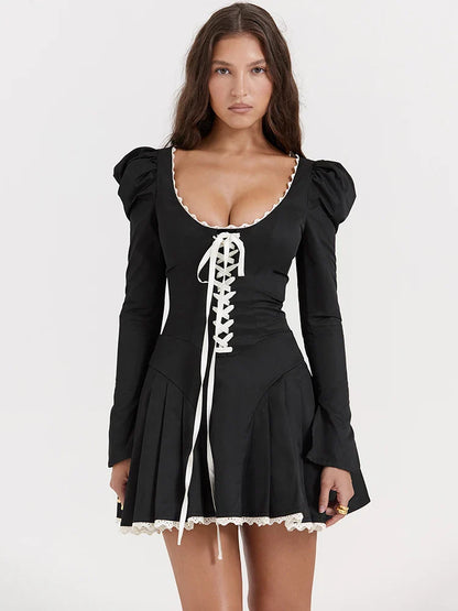 Lace Bandage Puff Sleeve Ruched Bodycon Dress