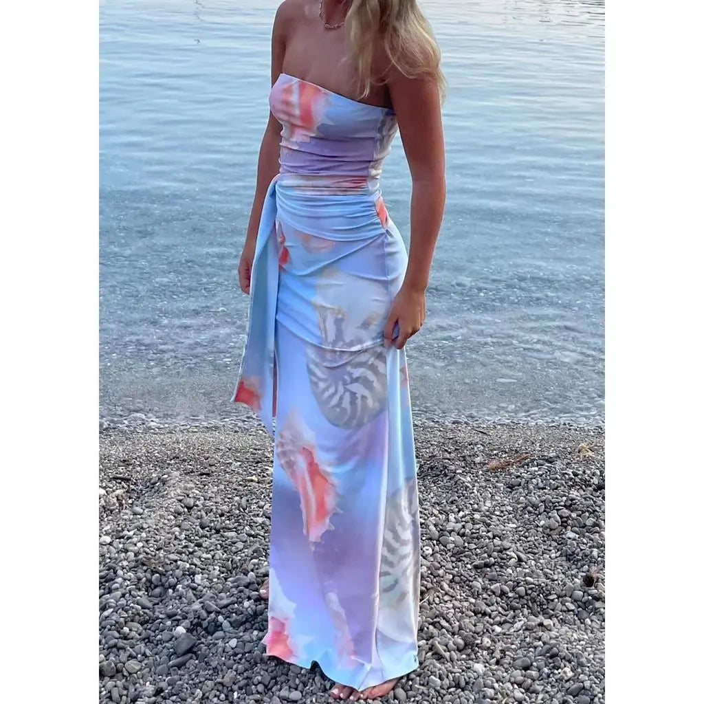 Strapless Split Floral Bodycon Vacation Dress
