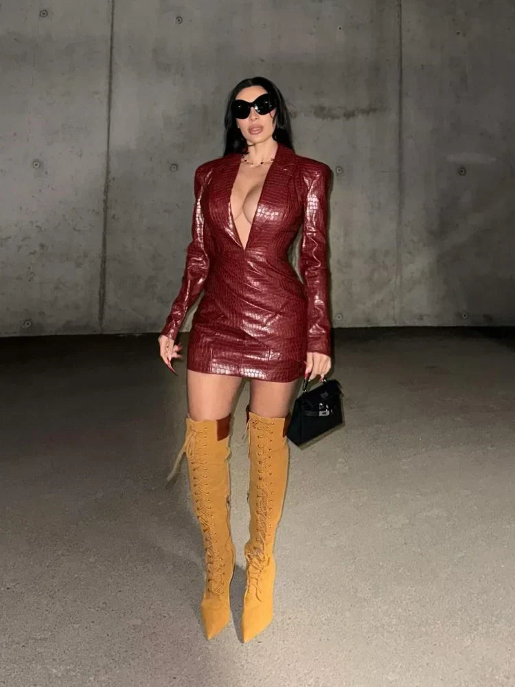 Plunging V-Neck Crocodile Embossed Long Sleeve Wrap Asymmetrical Mini Dress