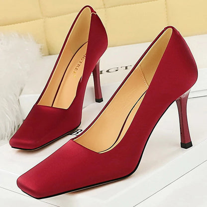 Spring Women Pumps Silks Satins High Heels 8.5 Cm