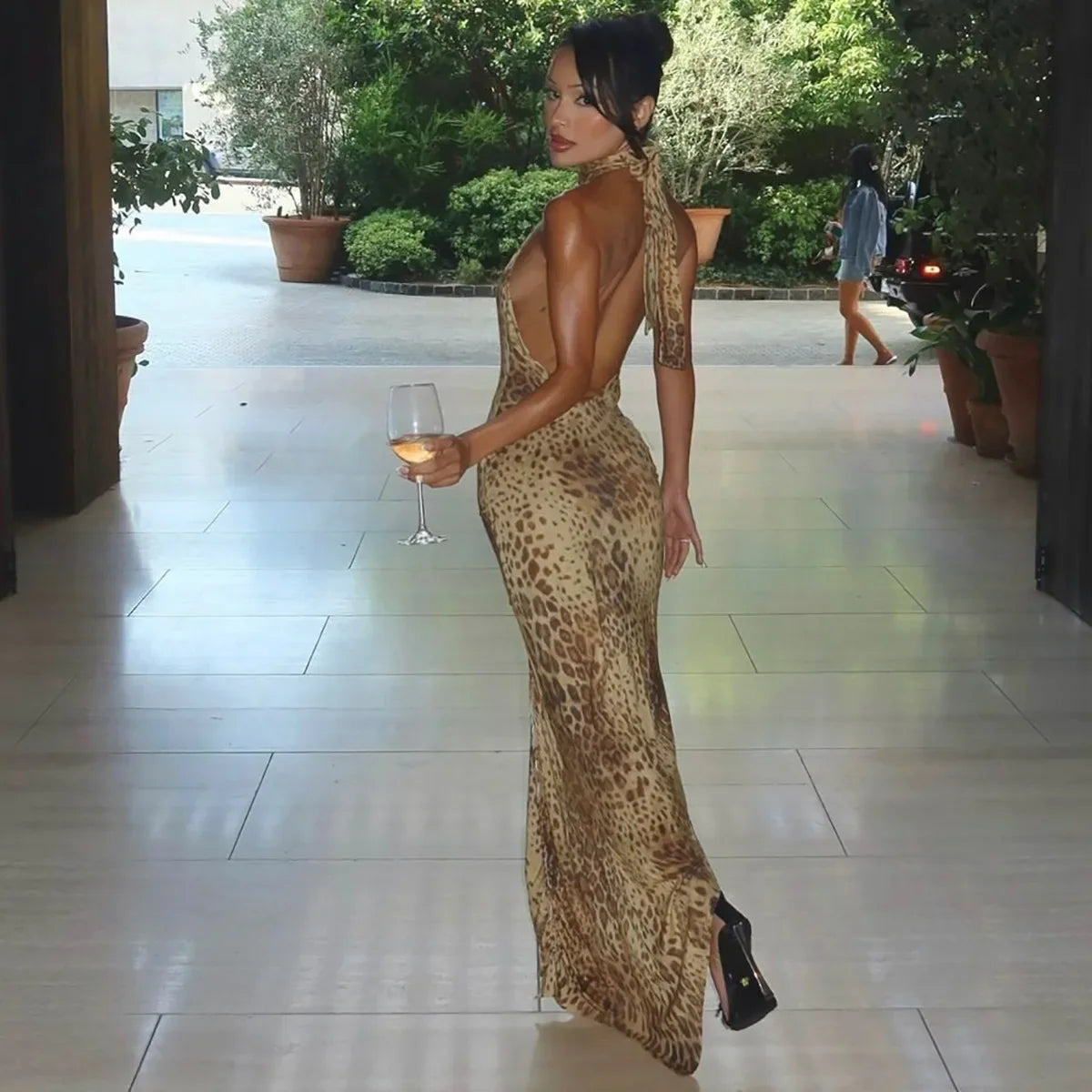 Leopard Halter Bandage Maxi Dress