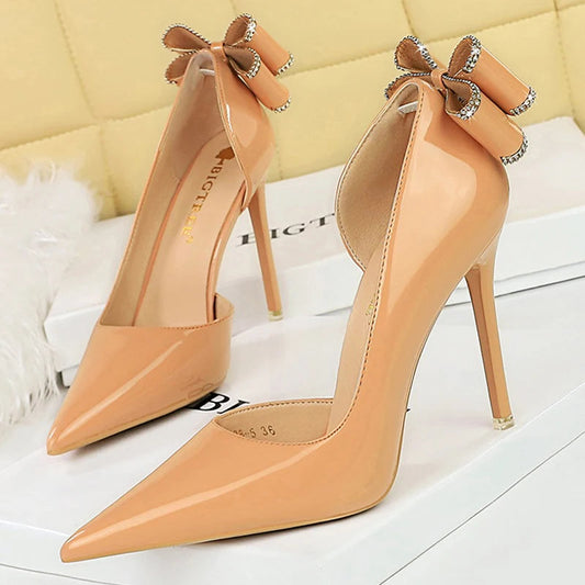 Patent Leather High Heels with Rear Rhinestone Bowknot for Women