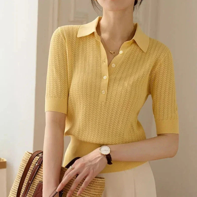 | Ribbed Knit Polo Blouse