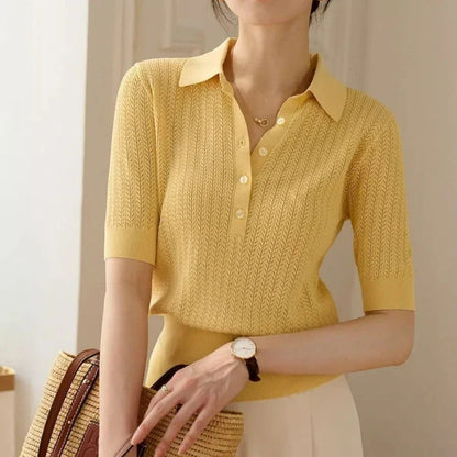 | Ribbed Knit Polo Blouse