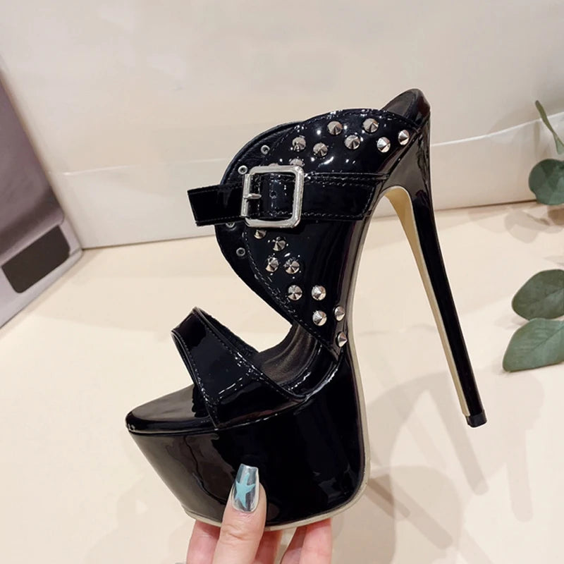 Metal Rivet Super High Heel Platform Slippers for Women Fashion