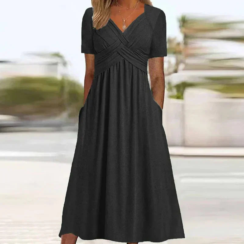 Crossover V-Neck Empire Waist Pocket A-Line Maxi Dress