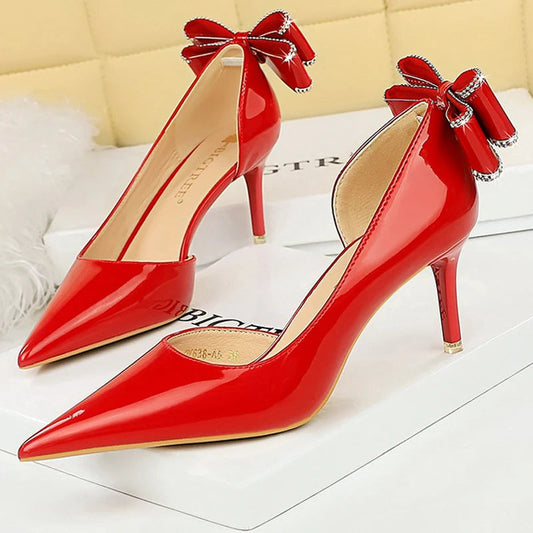 Patent Leather Women Pumps with Kitten Heels and Back Bowknot Design