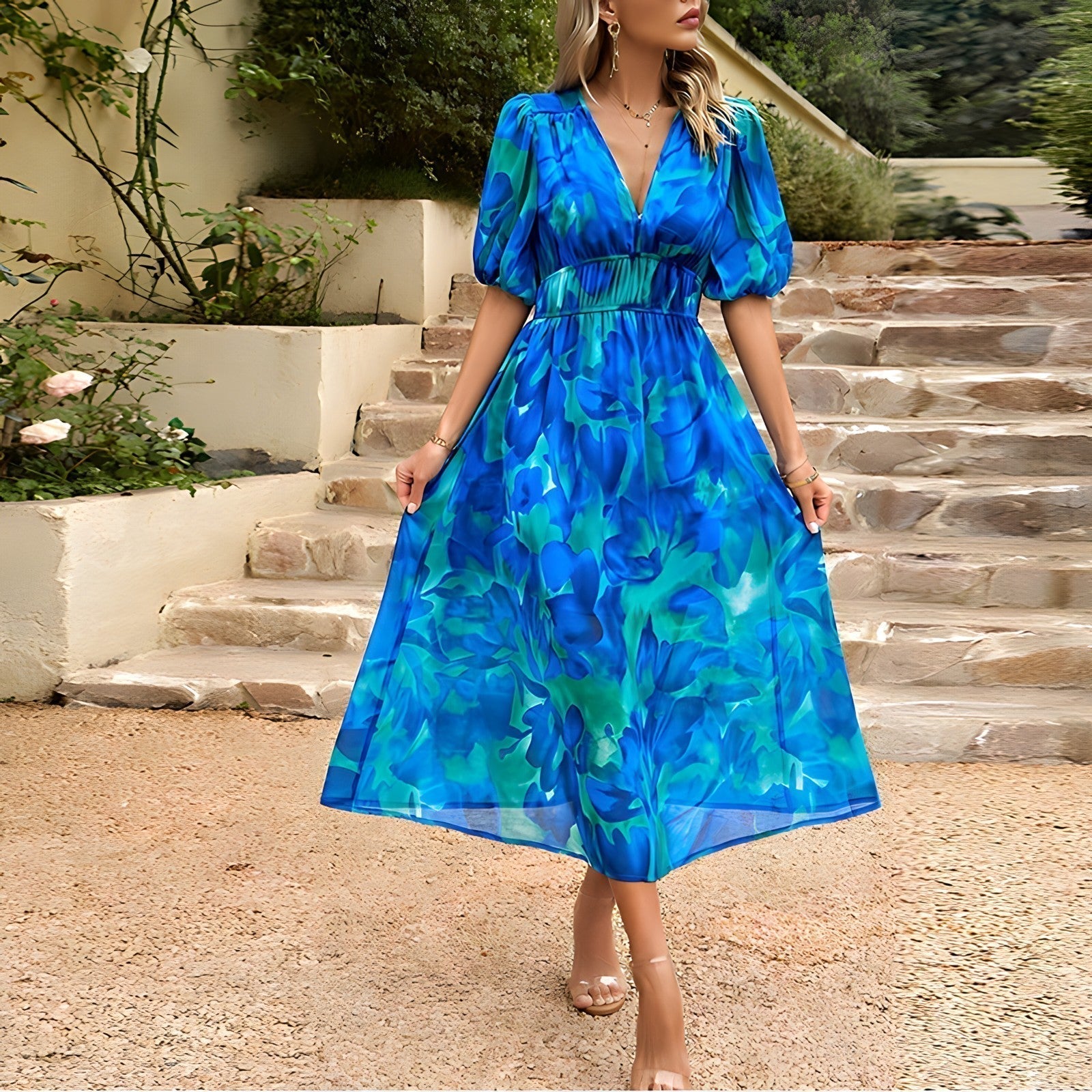 Watercolor Floral Deep V-Neck Puff Sleeve Smocked Waist Midi Dress