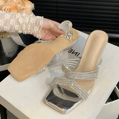 PVC Transparent Open Toe Crystal Slippers Women Low Heels for Summer Banquets