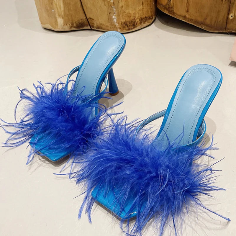Yellow Fluffy Furry Women's High Heel Slippers Mules for Summer Fashion