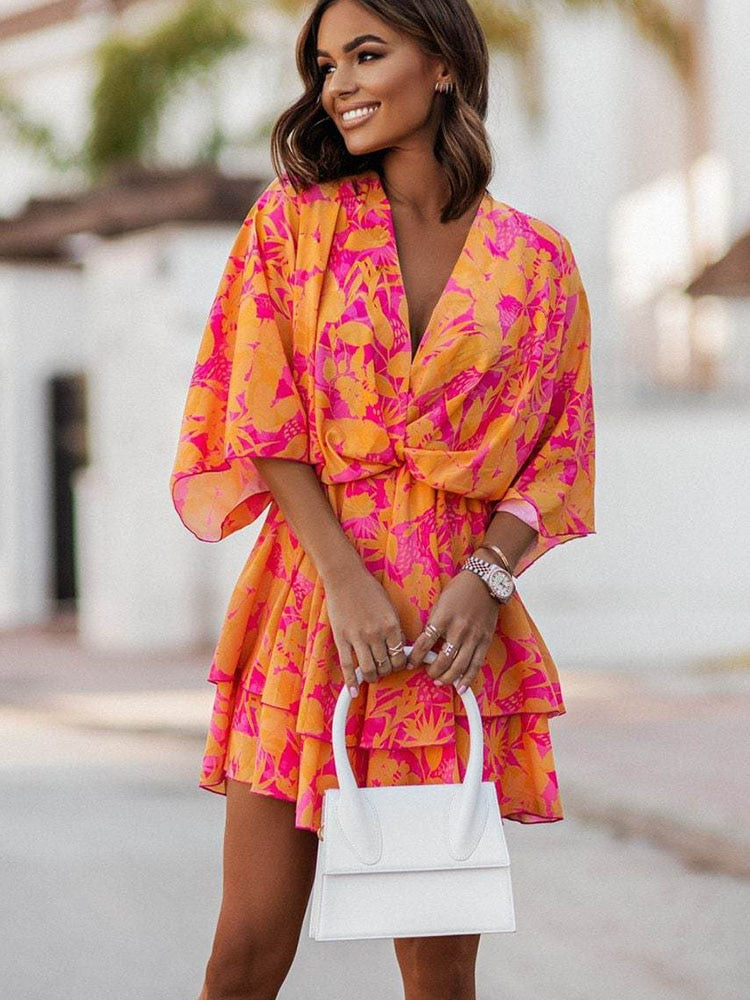 Tropical Floral Print Twist-Waist Kimono Sleeve Tiered Ruffle Mini Dress