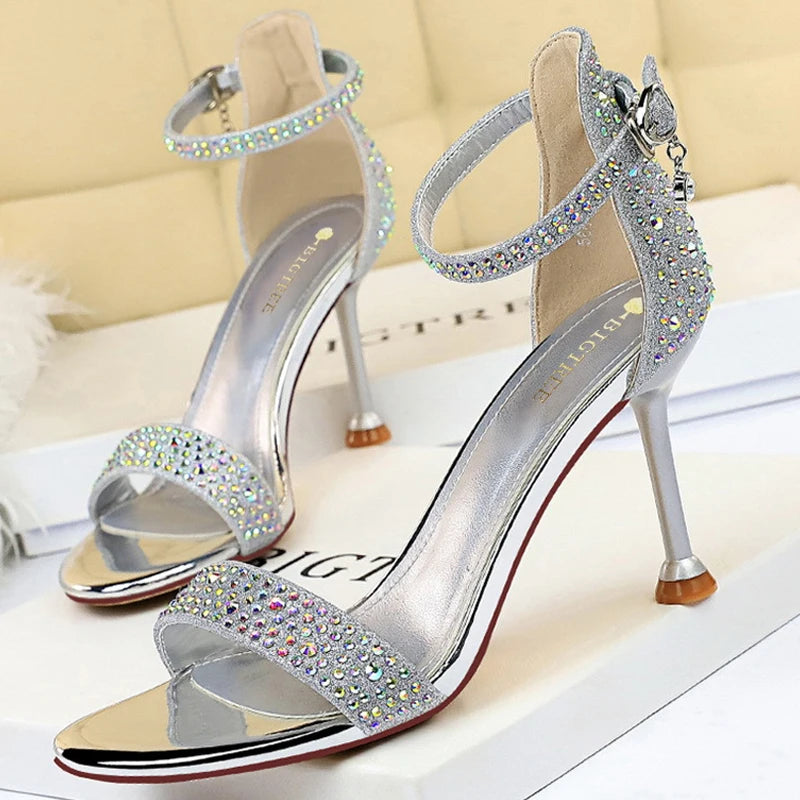 Rhinestone High Heels Kitten Heels Party Shoes Open Toe Women Pumps