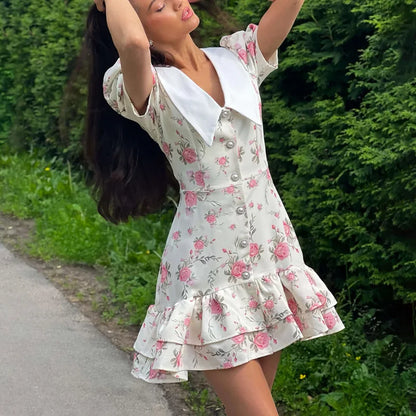 Printed Ruffle V Neck Slim Mini Dress