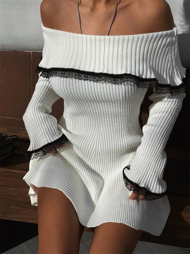 Off Shoulder Rib Knit Lace Trim Bell Cuff Mini Dress