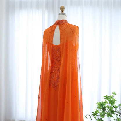 Orange Strapless Evening Dress with Cape Sleeve
