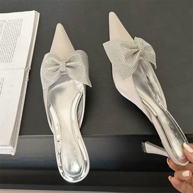 Crystal Butterfly-knot Women Slipper Pointed Toe Mules Shoes Elegant Thin Low Heel Sandals
