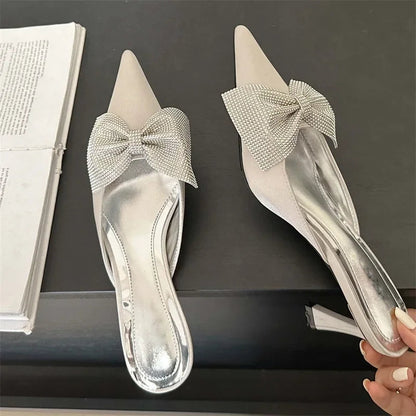 Crystal Butterfly-knot Women Slipper Pointed Toe Mules Shoes Elegant Thin Low Heel Sandals