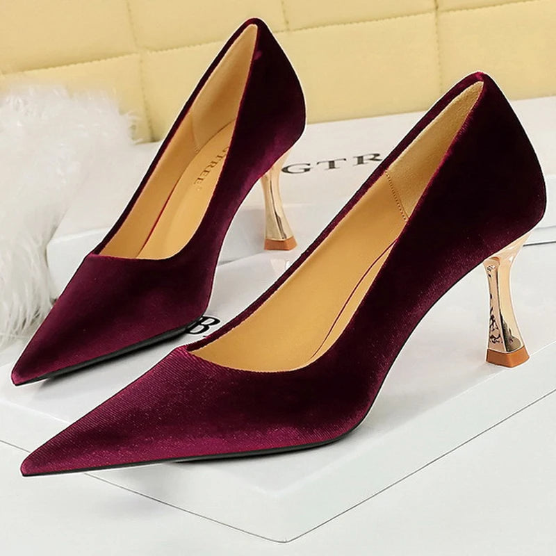 High Heels 7 Cm Suede Women Pumps with Metal Heel