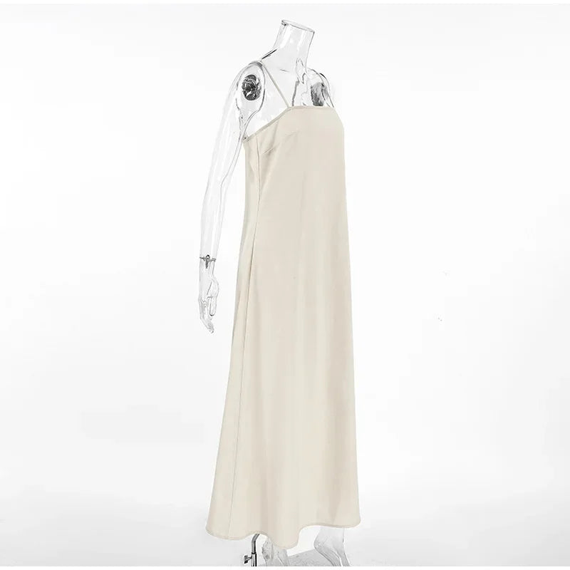 Square Neck Spaghetti Strap Linen Look Flowy Maxi Dress
