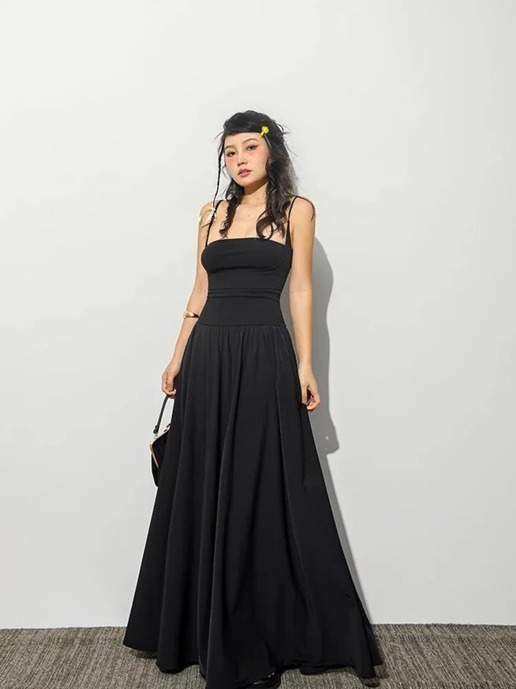 Square Neck Spaghetti Strap Fitted Waist Pleated A-Line Maxi Dress
